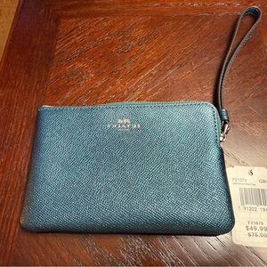 NWT Coach QB/Metallic Dark Teal Corner Zip Wristlet